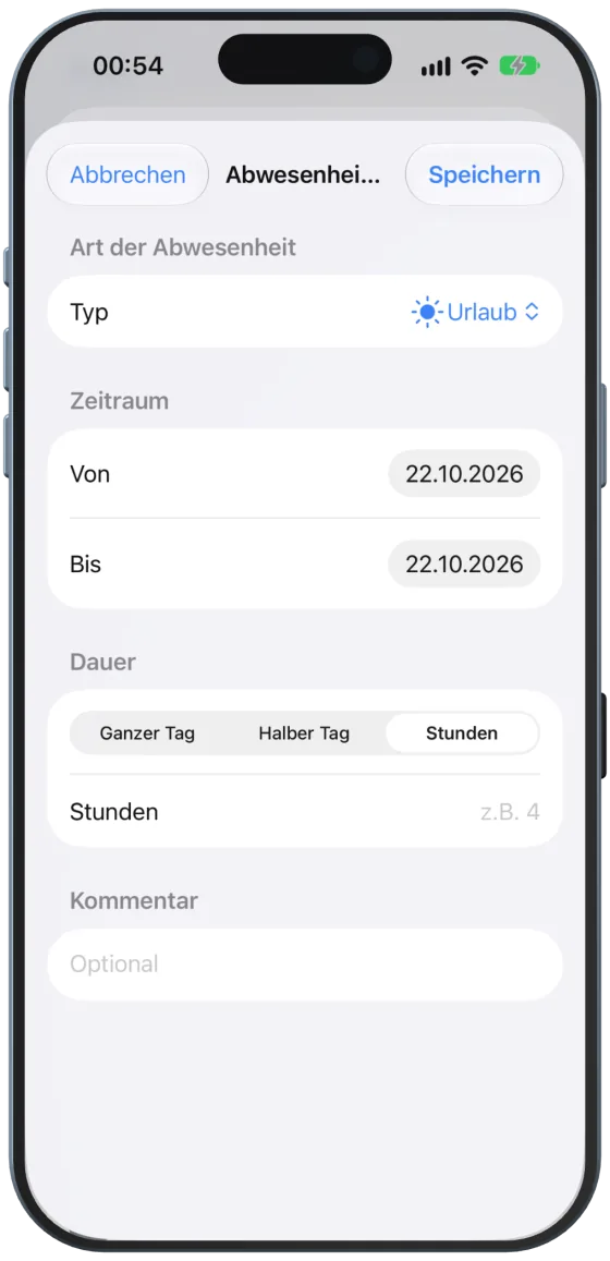 Abwesenheit in Stunden