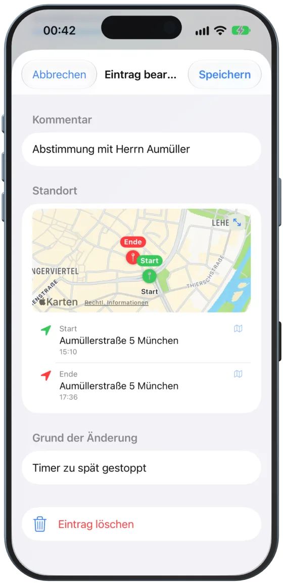 „Grund der Änderung“ und „Eintrag löschen“