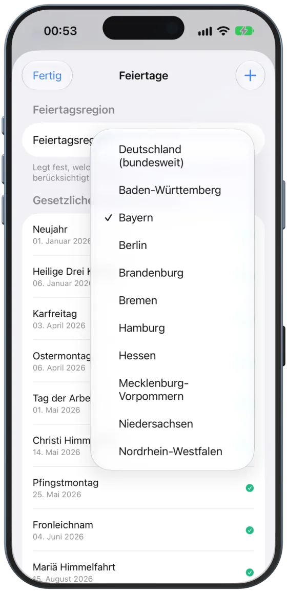 Feiertagsregion wählen