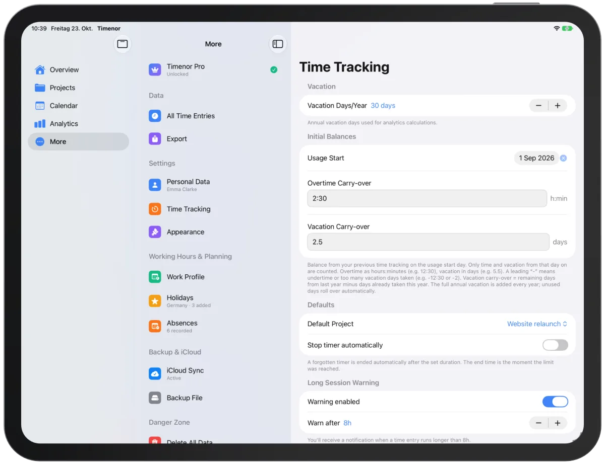 “More” with “Time Tracking” in the right-hand column
