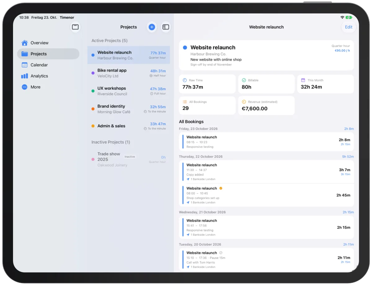Project list with detail column