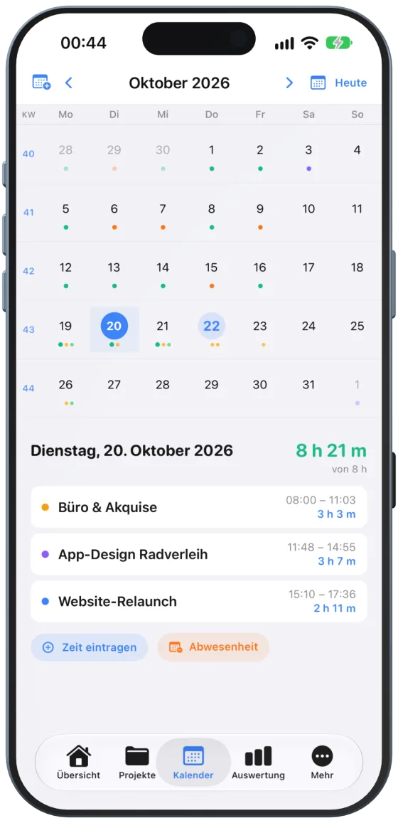Tag ausgewählt mit Tagesdetail