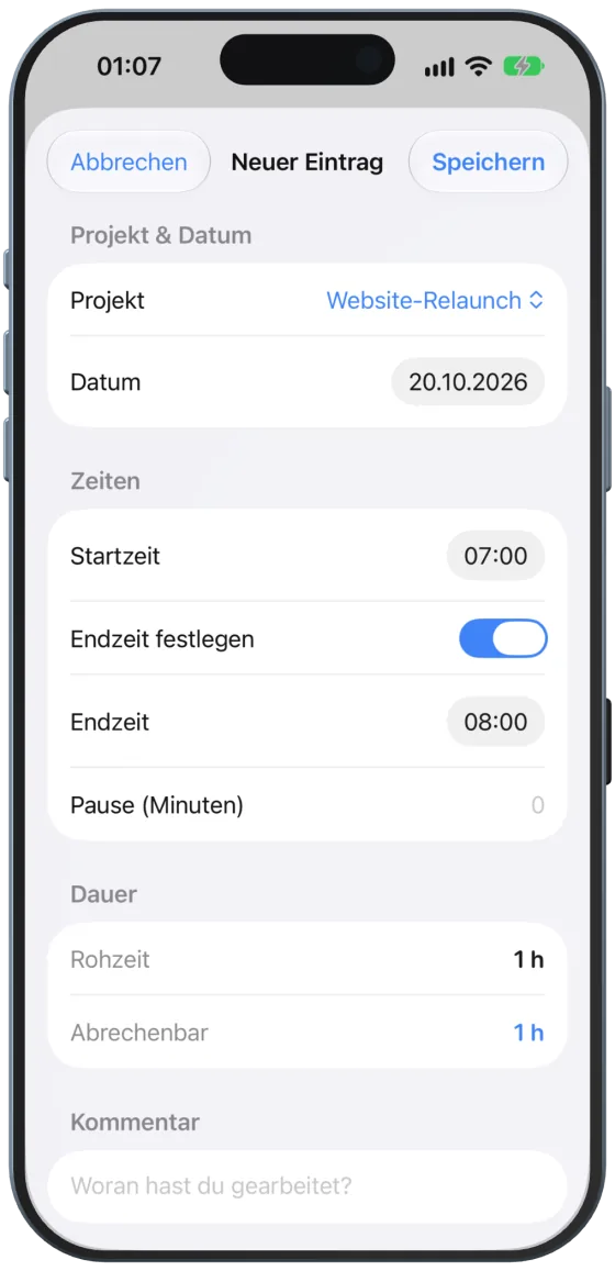 „Zeit eintragen“ für den 20.10.