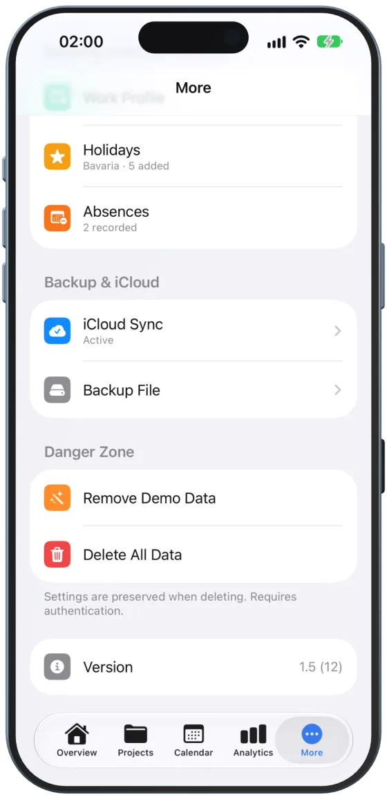 Zona de peligro con «Eliminar datos de demo»