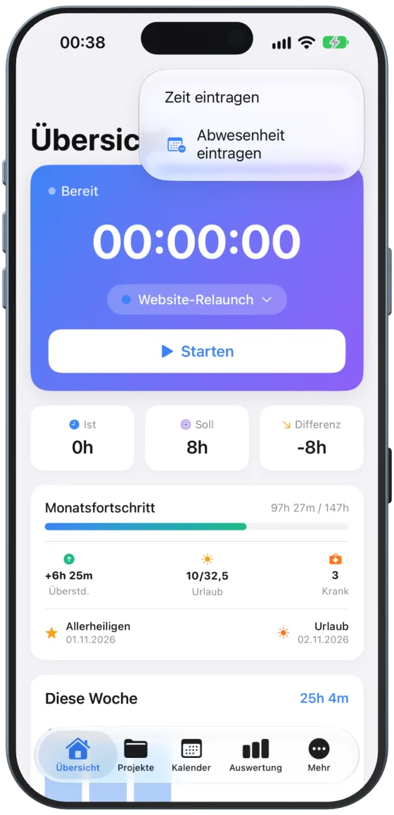 Menü „+“ in der Übersicht